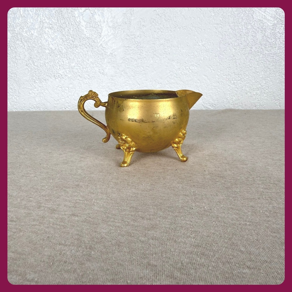 Vintage Footed Gold Plated Metal Creamer‎ Pitcher Floral Scroll Hong Kong Small